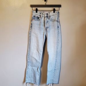 Zara light wash raw hem straight leg high rise mom jeans